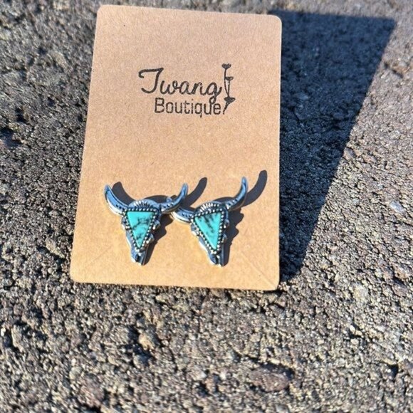 Turquoise Steer Skull Stud Earrings - Picture 3 of 4